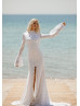 Long Bell Sleeves Ivory Lace Slit Stunning Wedding Dress